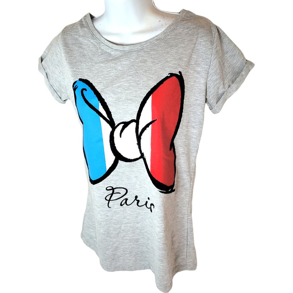 Disney Minnie Mouse Paris Bow T-Shirt Women’s Medium Gray Graphic Tee